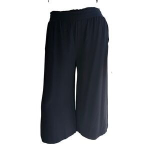 Vintage Wide Leg Pants Black Rayon Smocked High Waist Cropped Culottes Large